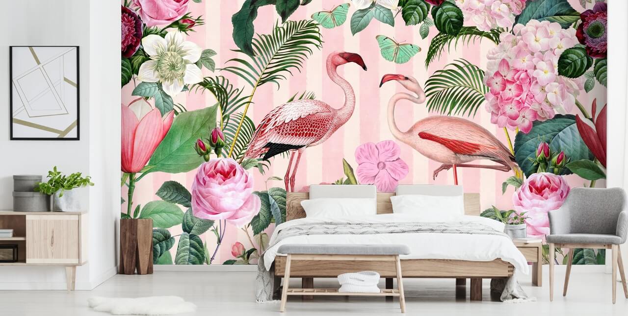 rosa og grønt flamingo tapetmaleri kalt Flamingo Rendezvous av Andrea Haase for soverom