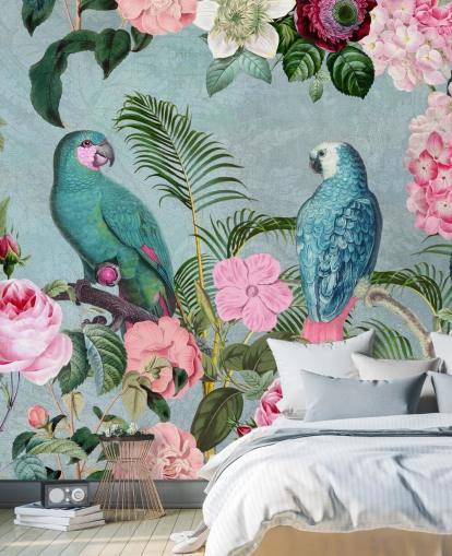 rosa och grön djungel tapet som heter Jungle Rendezvous av Andrea Haase rosa och grön djungel tapet som heter Jungle Rendezvous av Andrea Haase