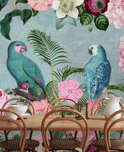 rosafarbene und grüne Dschungeltapete namens Jungle Rendezvous von Andrea Haase rosafarbene und grüne Dschungeltapete namens Jungle Rendezvous von Andrea Haase