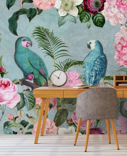 papel de parede rosa e verde da selva chamado Jungle Rendezvous por Andrea Haase papel de parede rosa e verde da selva chamado Jungle Rendezvous por Andrea Haase