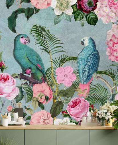 papel de parede rosa e verde da selva chamado Jungle Rendezvous por Andrea Haase papel de parede rosa e verde da selva chamado Jungle Rendezvous por Andrea Haase