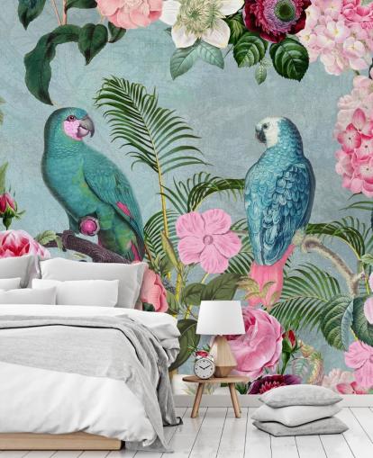 papel pintado rosa y verde de la jungla llamado Jungle Rendezvous de Andrea Haase papel pintado rosa y verde de la jungla llamado Jungle Rendezvous de Andrea Haase