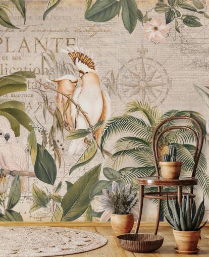 beige tropische behangmuurschildering genaamd Wistful Cockatoo Jungle Mural van Andrea Haase voor slaapkamers en woonkamers beige tropische behangmuurschildering genaamd Wistful Cockatoo Jungle Mural van Andrea Haase voor slaapkamers en woonkamers