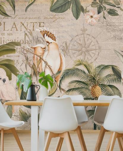 Beiges tropisches Tapeten-Wandbild namens Wistful Cockatoo Jungle Mural von Andrea Haase für Schlafzimmer und Wohnzimmer Beiges tropisches Tapeten-Wandbild namens Wistful Cockatoo Jungle Mural von Andrea Haase für Schlafzimmer und Wohnzimmer