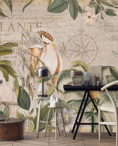beige tropical wallpaper mural called Wistful Cockatoo Jungle Mural by Andrea Haase for bedrooms and living rooms beige tropical wallpaper mural called Wistful Cockatoo Jungle Mural by Andrea Haase for bedrooms and living rooms