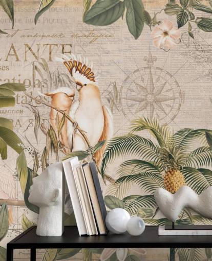 Beiges tropisches Tapeten-Wandbild namens Wistful Cockatoo Jungle Mural von Andrea Haase für Schlafzimmer und Wohnzimmer Beiges tropisches Tapeten-Wandbild namens Wistful Cockatoo Jungle Mural von Andrea Haase für Schlafzimmer und Wohnzimmer