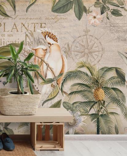 mural de papel de parede tropical bege chamado Wistful Cockatoo Jungle Mural de Andrea Haase para quartos e salas de estar mural de papel de parede tropical bege chamado Wistful Cockatoo Jungle Mural de Andrea Haase para quartos e salas de estar