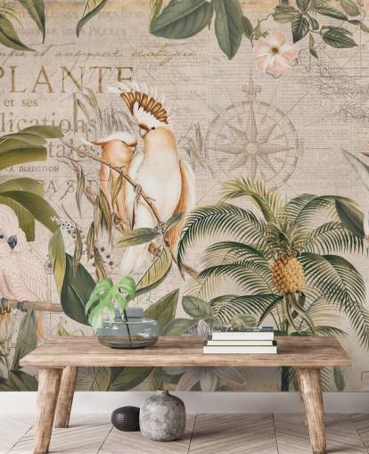 beige tropical wallpaper mural called Wistful Cockatoo Jungle Mural by Andrea Haase for bedrooms and living rooms beige tropical wallpaper mural called Wistful Cockatoo Jungle Mural by Andrea Haase for bedrooms and living rooms