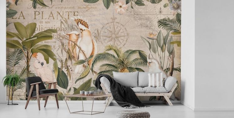 beige tropisk tapetmaleri kaldet Wistful Cockatoo Jungle Mural af Andrea Haase til soveværelser og stuer