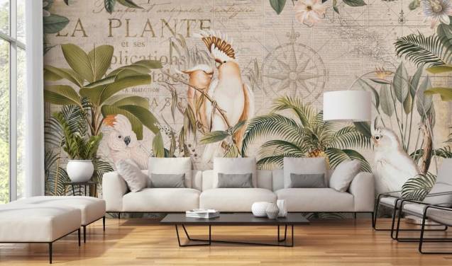 beige tropisk tapetmaleri kaldet Wistful Cockatoo Jungle Mural af Andrea Haase til soveværelser og stuer