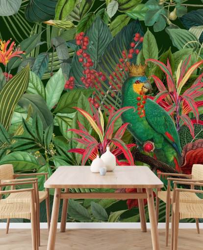 groene en rode aanpasbare jungle behangmuurschildering genaamd Parrot King van Andrea Haase voor slaapkamers groene en rode aanpasbare jungle behangmuurschildering genaamd Parrot King van Andrea Haase voor slaapkamers
