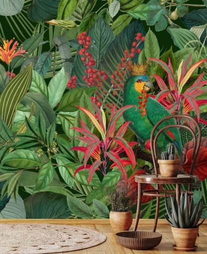 green and red customizable jungle wallpaper mural called Parrot King by Andrea Haase for bedrooms green and red customizable jungle wallpaper mural called Parrot King by Andrea Haase for bedrooms