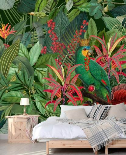 green and red customisable jungle wallpaper mural called Parrot King by Andrea Haase for bedrooms green and red customisable jungle wallpaper mural called Parrot King by Andrea Haase for bedrooms