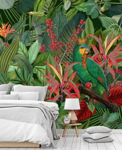 papier peint mural personnalisable vert et rouge de la jungle appelé Parrot King par Andrea Haase pour les chambres papier peint mural personnalisable vert et rouge de la jungle appelé Parrot King par Andrea Haase pour les chambres