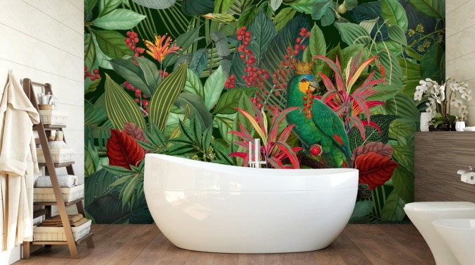 green and red customisable jungle wallpaper mural called Parrot King by Andrea Haase for bedrooms