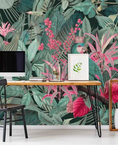 green and pink customizable tropical wallpaper called King of Parrots by Andrea Haase for bedrooms green and pink customizable tropical wallpaper called King of Parrots by Andrea Haase for bedrooms