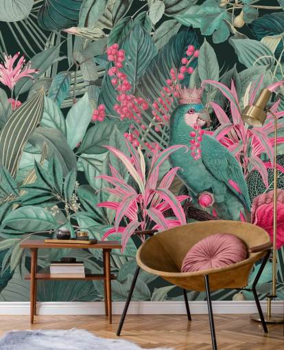 green and pink customisable tropical wallpaper called King of Parrots by Andrea Haase for bedrooms green and pink customisable tropical wallpaper called King of Parrots by Andrea Haase for bedrooms