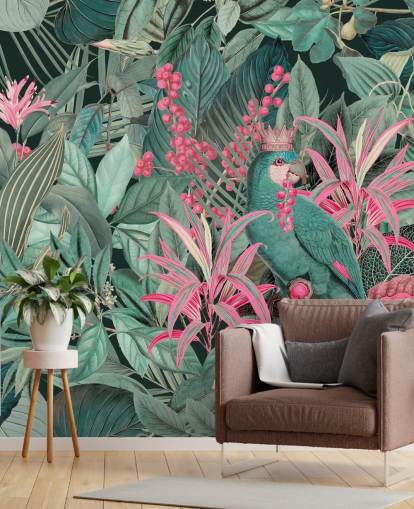 papier peint tropical personnalisable vert et rose appelé King of Parrots par Andrea Haase pour les chambres papier peint tropical personnalisable vert et rose appelé King of Parrots par Andrea Haase pour les chambres
