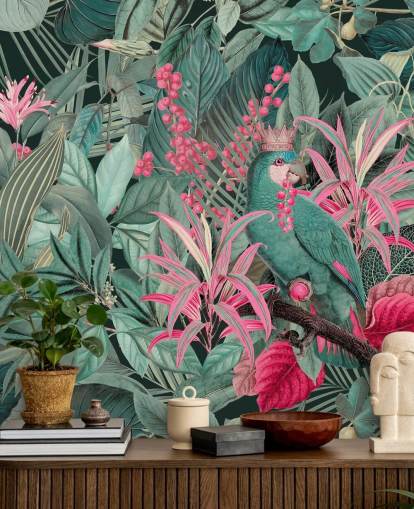 green and pink customizable tropical wallpaper called King of Parrots by Andrea Haase for bedrooms green and pink customizable tropical wallpaper called King of Parrots by Andrea Haase for bedrooms