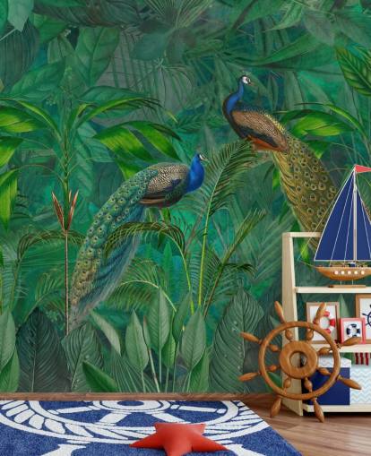 green custom peacock wallpaper called Peacock Paradise Jungle by Andrea Haase for bedroom or living room green custom peacock wallpaper called Peacock Paradise Jungle by Andrea Haase for bedroom or living room