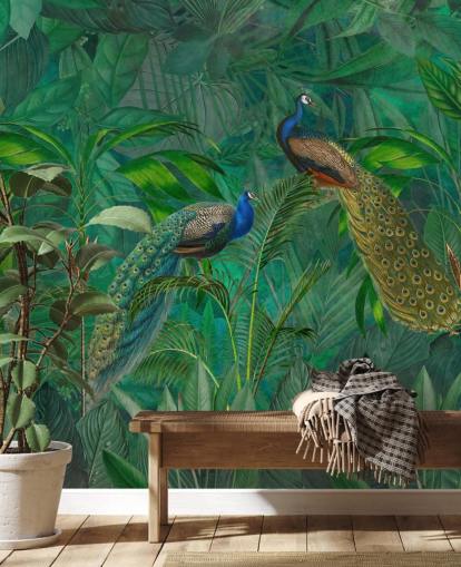 grüne individuelle Pfauentapete namens Peacock Paradise Jungle von Andrea Haase für Schlafzimmer oder Wohnzimmer grüne individuelle Pfauentapete namens Peacock Paradise Jungle von Andrea Haase für Schlafzimmer oder Wohnzimmer