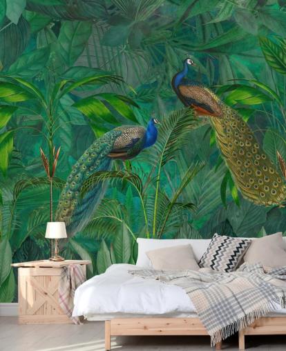 green custom peacock wallpaper called Peacock Paradise Jungle by Andrea Haase for bedroom or living room green custom peacock wallpaper called Peacock Paradise Jungle by Andrea Haase for bedroom or living room