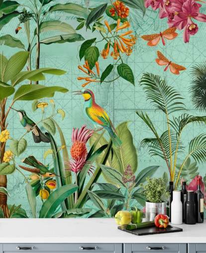 teal and green tropical wallpaper mural called Tropical Paradise by Andrea Haase for bedrooms and living rooms teal and green tropical wallpaper mural called Tropical Paradise by Andrea Haase for bedrooms and living rooms