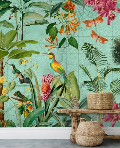 mural de papel pintado tropical verde y verde azulado llamado Tropical Paradise de Andrea Haase para dormitorios y salas de estar mural de papel pintado tropical verde y verde azulado llamado Tropical Paradise de Andrea Haase para dormitorios y salas de estar