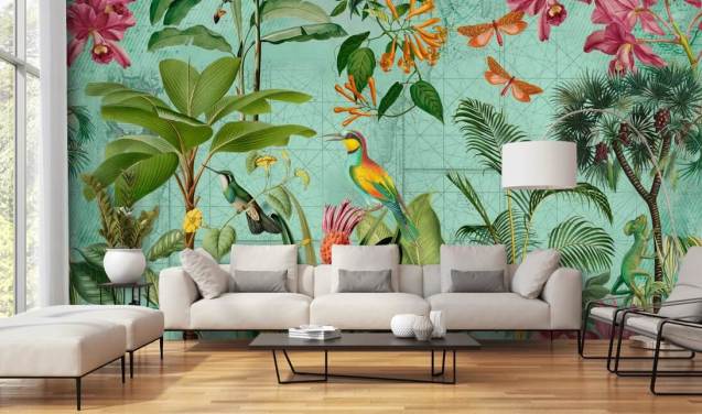 groenblauwe en groene tropische behangmuurschildering genaamd Tropical Paradise van Andrea Haase voor slaapkamers en woonkamers