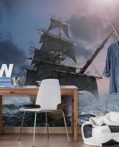 piratenschip op stormachtige zeeën behang piratenschip op stormachtige zeeën behang