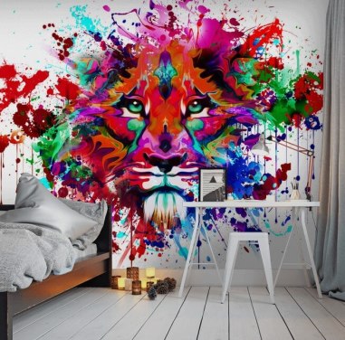 mural colorido de papel de parede de grafite personalizável chamado Lion Graffiti para quartos e escritórios domésticos
