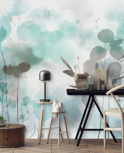 blaue Wasserfarben-Blumentapete namens Cool Ether von Katy Clemmans für Wohn- und Schlafzimmer blaue Wasserfarben-Blumentapete namens Cool Ether von Katy Clemmans für Wohn- und Schlafzimmer