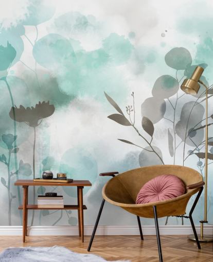 blå akvarell blomstertapet veggmaleri kalt Cool Ether av Katy Clemmans for stuer og soverom blå akvarell blomstertapet veggmaleri kalt Cool Ether av Katy Clemmans for stuer og soverom