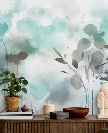 blå akvarell blommig tapetväggmålning kallad Cool Ether av Katy Clemmans för vardagsrum och sovrum blå akvarell blommig tapetväggmålning kallad Cool Ether av Katy Clemmans för vardagsrum och sovrum