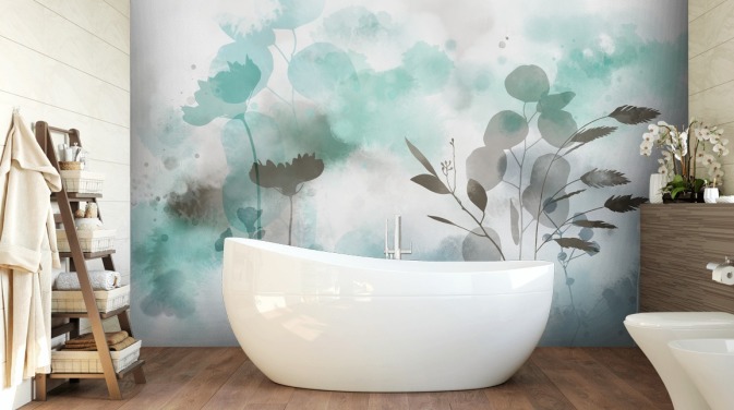 papier peint floral aquarelle bleu appelé Cool Ether par Katy Clemmans pour les salons et les chambres