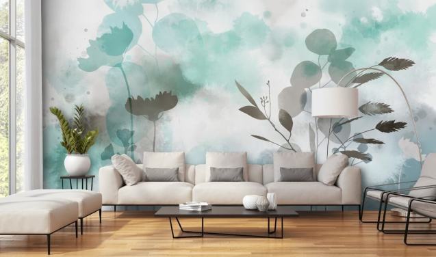 papier peint floral aquarelle bleu appelé Cool Ether par Katy Clemmans pour les salons et les chambres