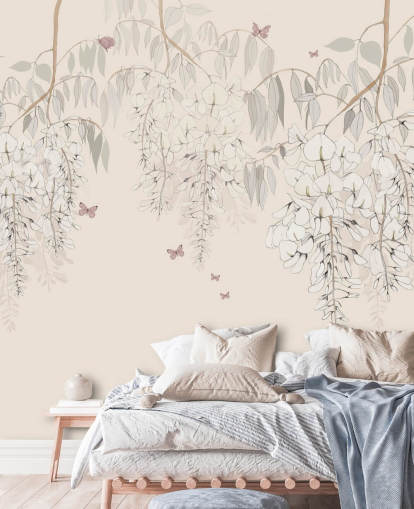 beige bloemenmuurschildering genaamd Wisteria Lane van Kelly Kratzing voor meisjeskamers en speelkamers beige bloemenmuurschildering genaamd Wisteria Lane van Kelly Kratzing voor meisjeskamers en speelkamers