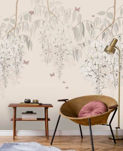 beige floral wallpaper mural called Wisteria Lane by Kelly Kratzing for girls bedrooms and playrooms beige floral wallpaper mural called Wisteria Lane by Kelly Kratzing for girls bedrooms and playrooms