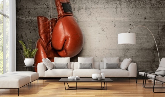 mural de papel de parede de boxe vermelho e cinza chamado Boxing Gloves para quartos e academias de adolescentes
