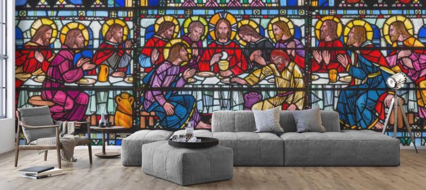 Jesus och lärjungarna vid den sista måltiden målat glas Fönster Bakgrund