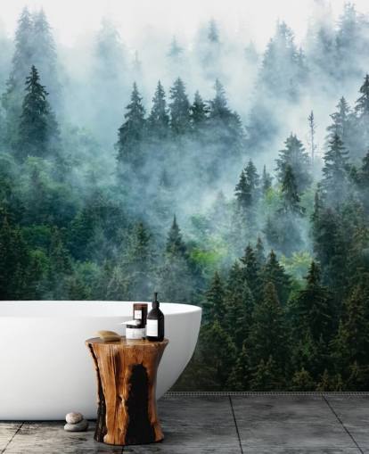 green customisable forest wallpaper mural called Misty Mountain Landscape for offices green customisable forest wallpaper mural called Misty Mountain Landscape for offices