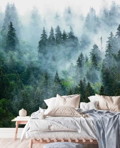carta da parati murale verde personalizzabile con foresta chiamata Misty Mountain Landscape per uffici carta da parati murale verde personalizzabile con foresta chiamata Misty Mountain Landscape per uffici