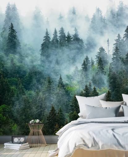 groene aanpasbare bosbehangmuurschildering genaamd Misty Mountain Landscape voor kantoren groene aanpasbare bosbehangmuurschildering genaamd Misty Mountain Landscape voor kantoren