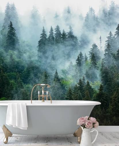 green customisable forest wallpaper mural called Misty Mountain Landscape for offices green customisable forest wallpaper mural called Misty Mountain Landscape for offices
