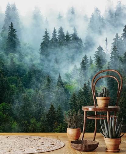 mural verde personalizável de papel de parede florestal chamado Misty Mountain Landscape para escritórios mural verde personalizável de papel de parede florestal chamado Misty Mountain Landscape para escritórios