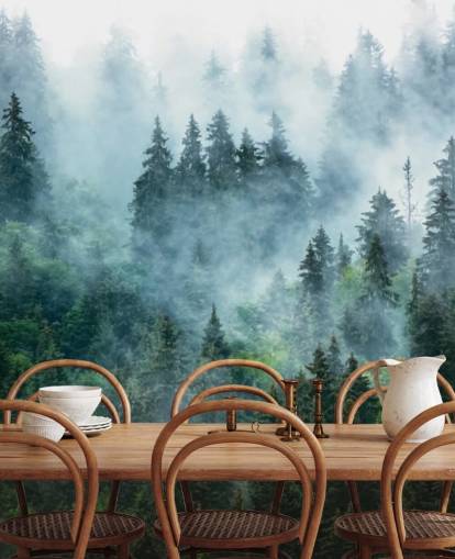 green customisable forest wallpaper mural called Misty Mountain Landscape for offices green customisable forest wallpaper mural called Misty Mountain Landscape for offices