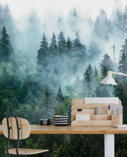 green customisable forest wallpaper mural called Misty Mountain Landscape for offices green customisable forest wallpaper mural called Misty Mountain Landscape for offices
