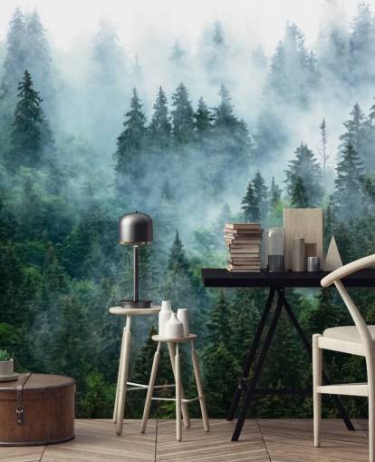 green customisable forest wallpaper mural called Misty Mountain Landscape for offices green customisable forest wallpaper mural called Misty Mountain Landscape for offices