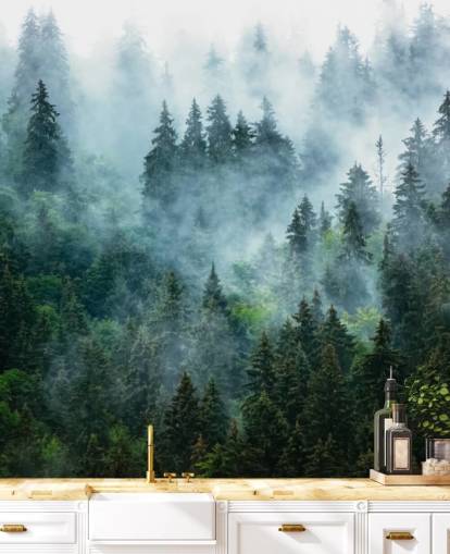 green customisable forest wallpaper mural called Misty Mountain Landscape for offices green customisable forest wallpaper mural called Misty Mountain Landscape for offices