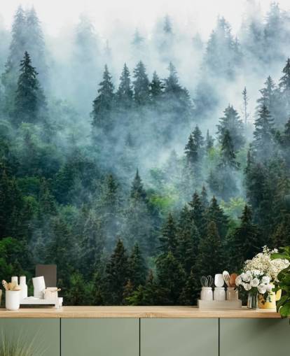 groene aanpasbare bosbehangmuurschildering genaamd Misty Mountain Landscape voor kantoren groene aanpasbare bosbehangmuurschildering genaamd Misty Mountain Landscape voor kantoren